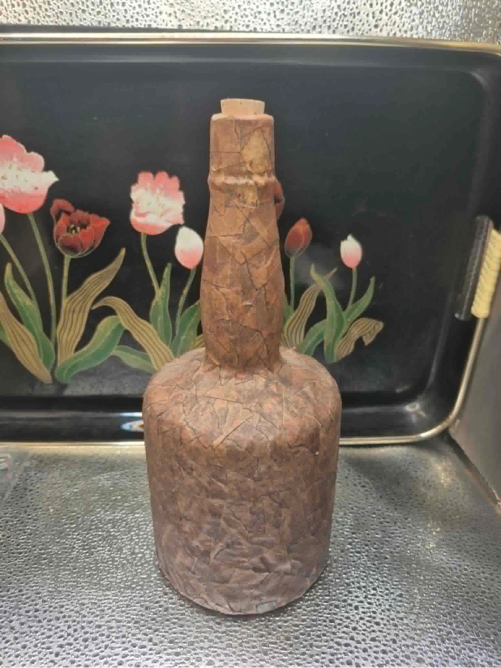 RARE Retrò Decoupage Masking Tape Decanter 1960s Midcentury Bohemian Folk art